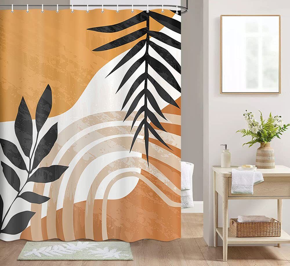 Chic Orange Boho Leaves Fabric Shower Curtain For Waterproof Bathroom Decor - Image 2