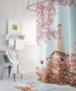 Chic Paris Themed Decor Shower Curtain with Eiffel Tower and French Quotes