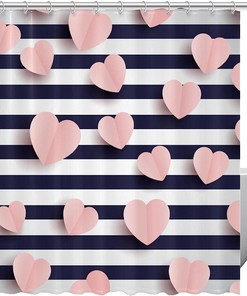 Chic Pink Systematic Hearts Striped Shower Curtain for Modern Bathrooms