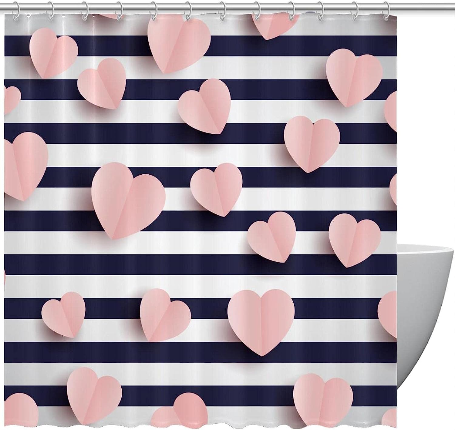 Chic Pink Systematic Hearts Striped Shower Curtain for Modern Bathrooms