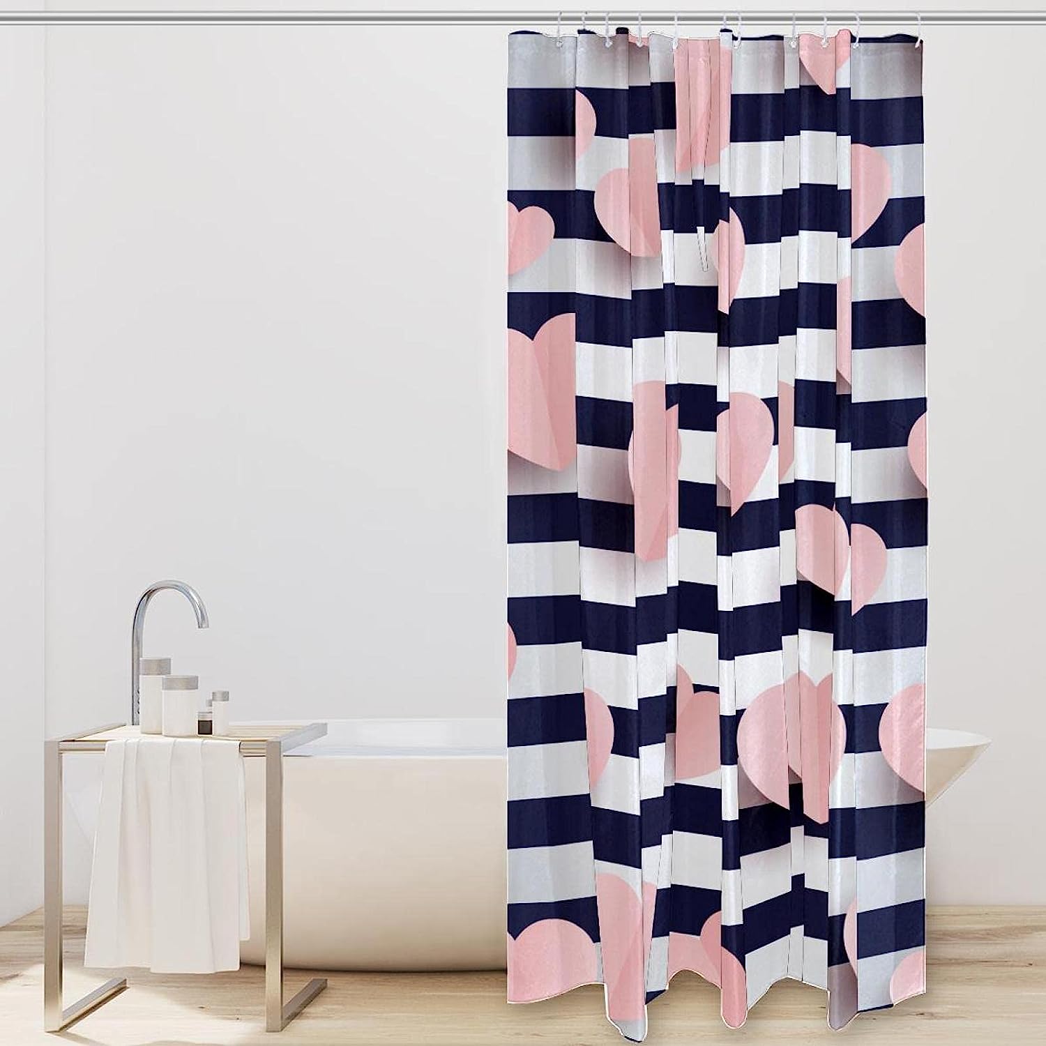 Chic Pink Systematic Hearts Striped Shower Curtain for Modern Bathrooms