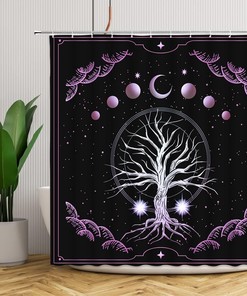 Chic Tree of Life Shower Curtain with Purple Galaxy Geometric Circle Border Design for Abstract Bathroom Decor 