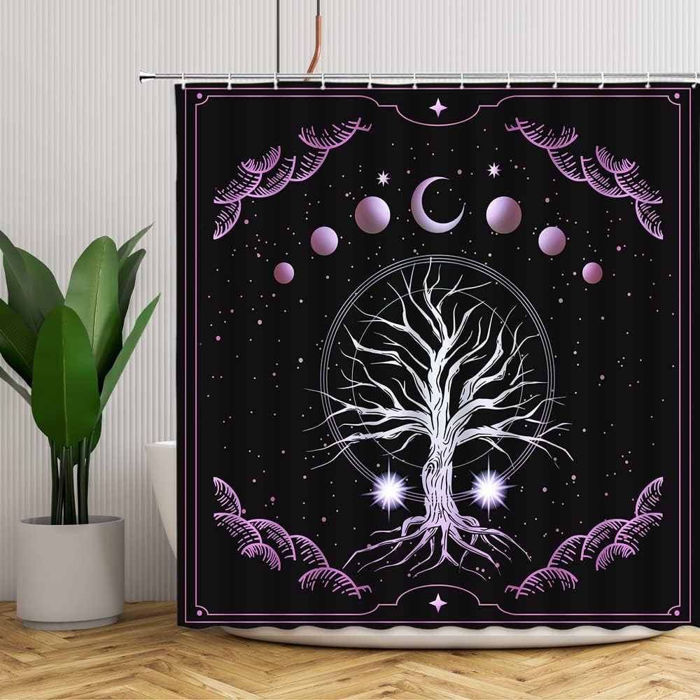 Chic Tree of Life Shower Curtain with Purple Galaxy Geometric Circle Border Design for Abstract Bathroom Decor
