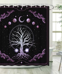 Chic Tree of Life Shower Curtain with Purple Galaxy Geometric Circle Border Design for Abstract Bathroom Decor