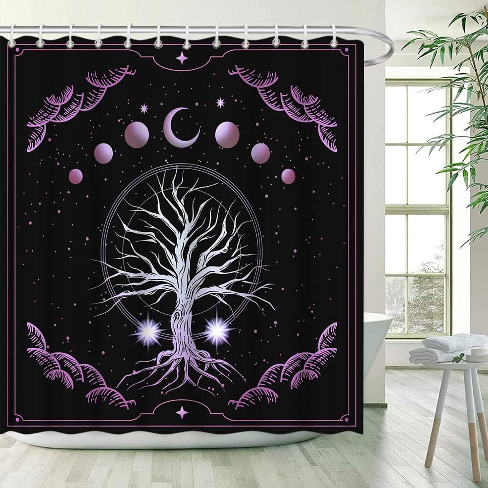 Chic Tree of Life Shower Curtain with Purple Galaxy Geometric Circle Border Design for Abstract Bathroom Decor