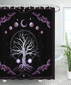 Chic Tree of Life Shower Curtain with Purple Galaxy Geometric Circle Border Design for Abstract Bathroom Decor