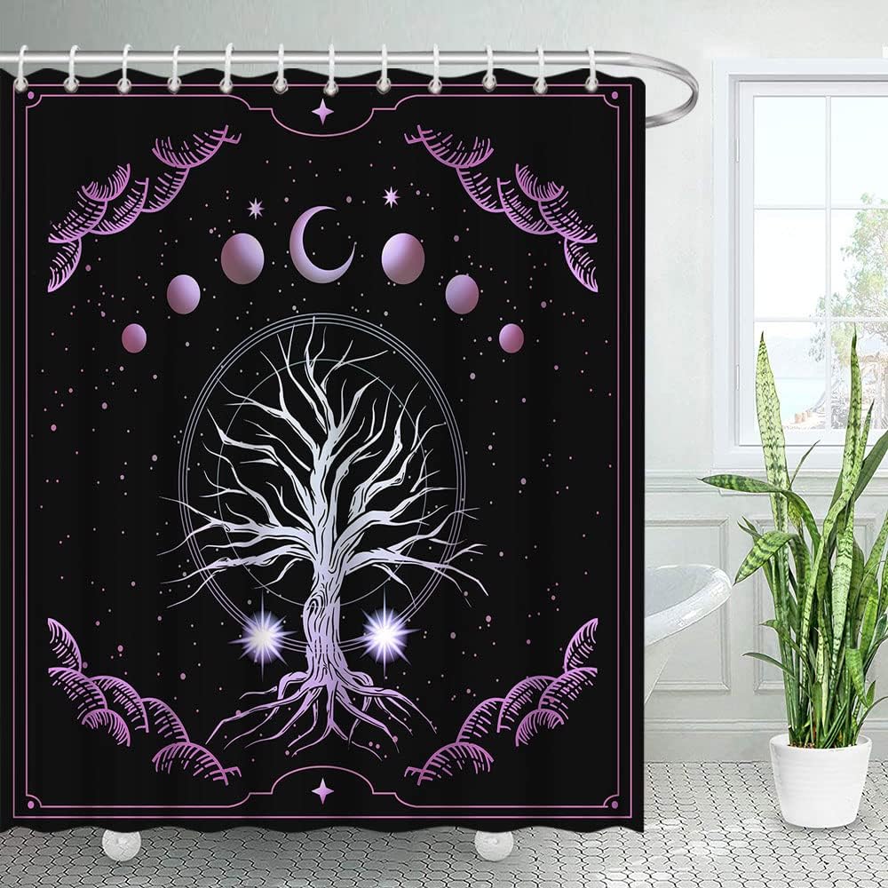 Chic Tree of Life Shower Curtain with Purple Galaxy Geometric Circle Border Design for Abstract Bathroom Decor