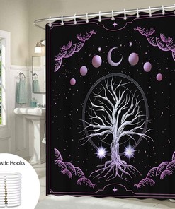Chic Tree of Life Shower Curtain with Purple Galaxy Geometric Circle Border Design for Abstract Bathroom Decor