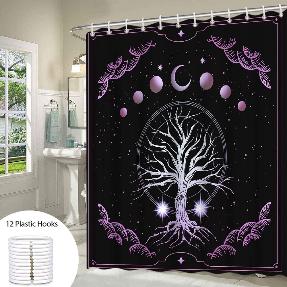Chic Tree of Life Shower Curtain with Purple Galaxy Geometric Circle Border Design for Abstract Bathroom Decor