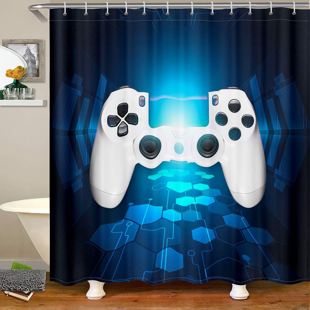 Chic White Gamepad Shower Curtain Set for Bathtubs with Gamer Gift for Boys and Girls