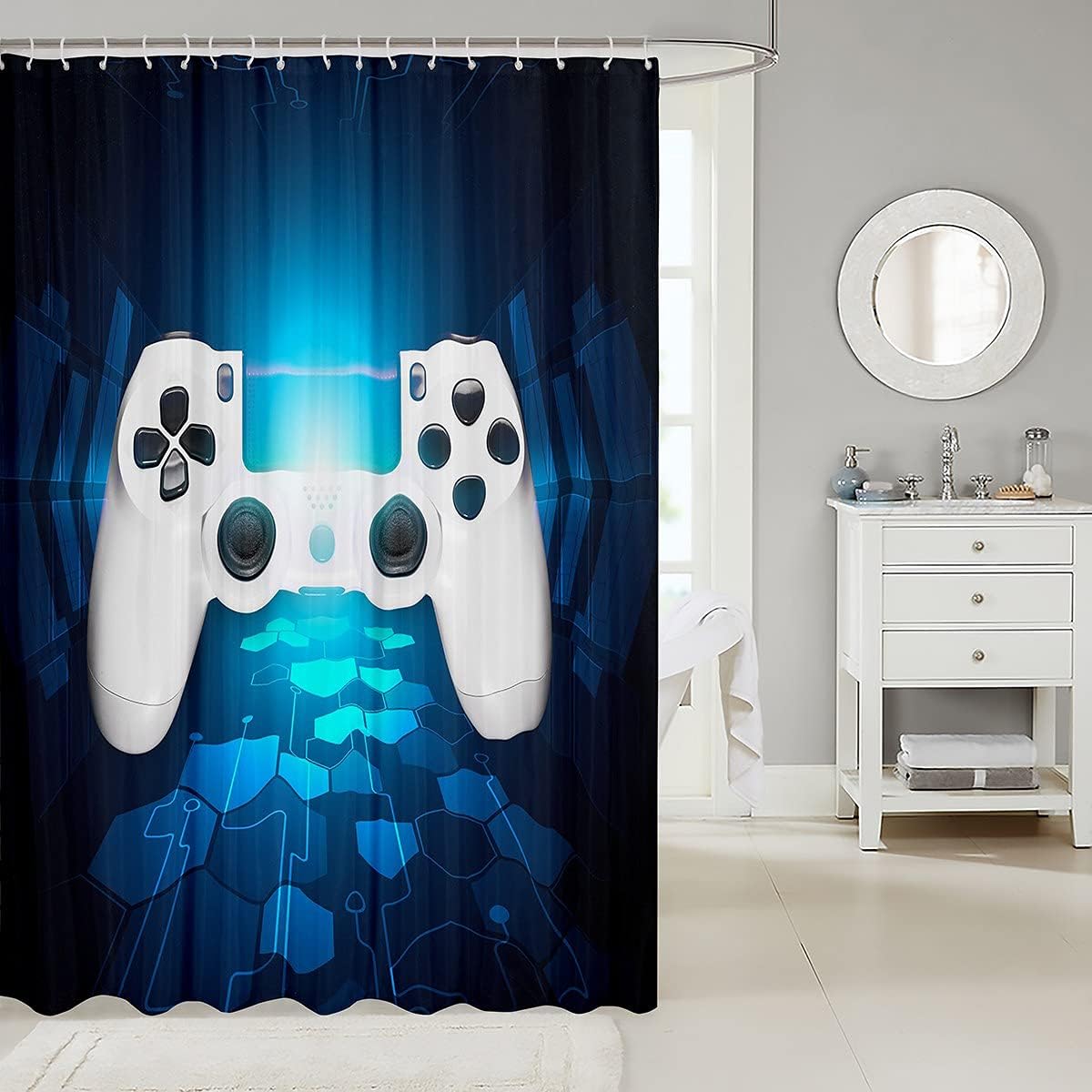 Chic White Gamepad Shower Curtain Set for Bathtubs with Gamer Gift for Boys and Girls