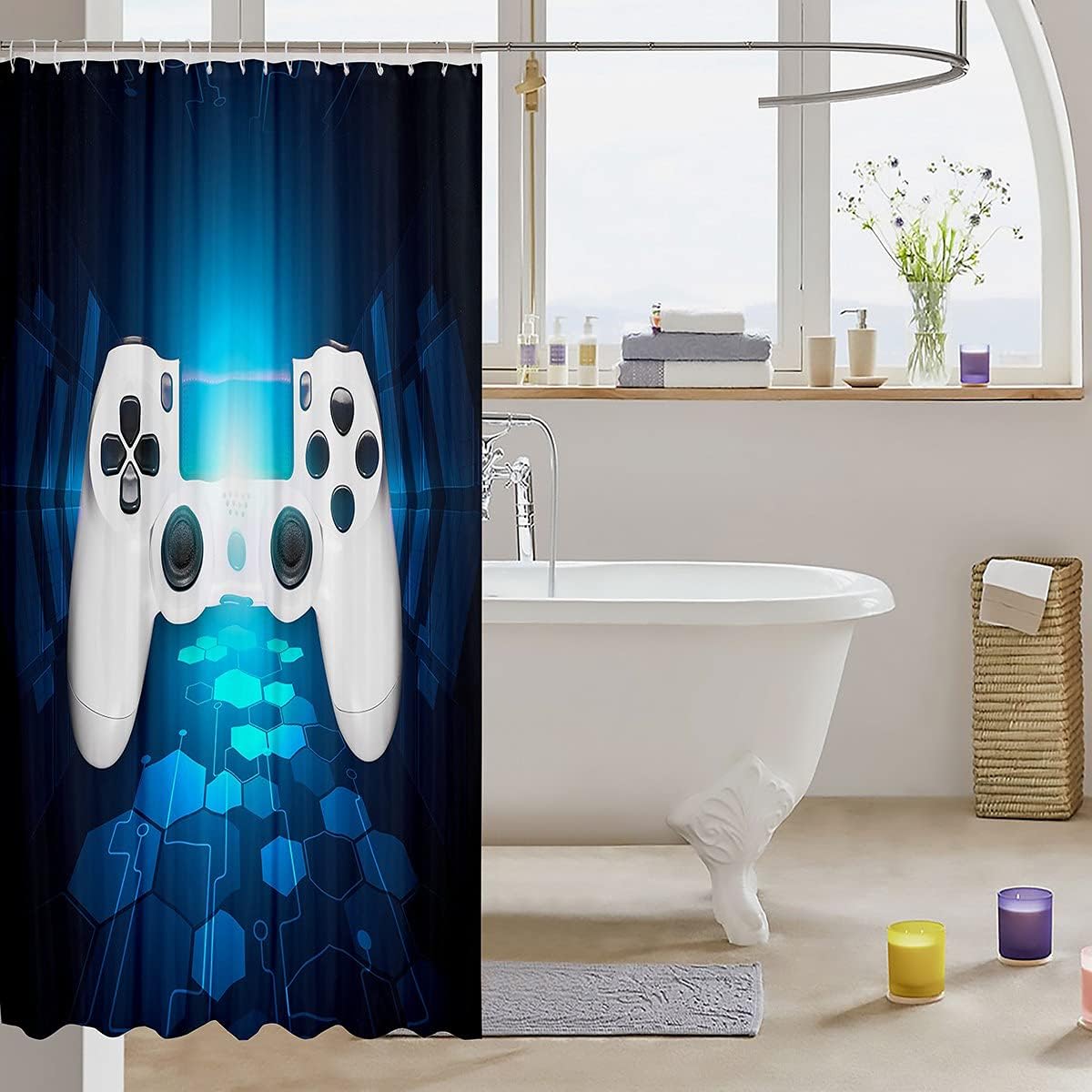 Chic White Gamepad Shower Curtain Set for Bathtubs with Gamer Gift for Boys and Girls