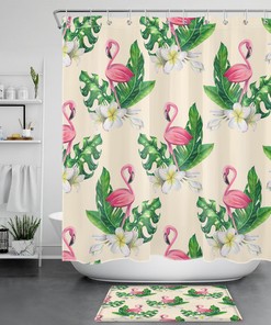 Chic and Fun Flower Flamingo Beige Shower Curtain for Quirky Bathroom Design