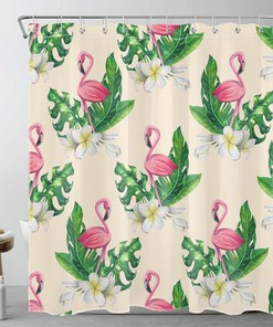 Chic and Fun Flower Flamingo Beige Shower Curtain for Quirky Bathroom Design