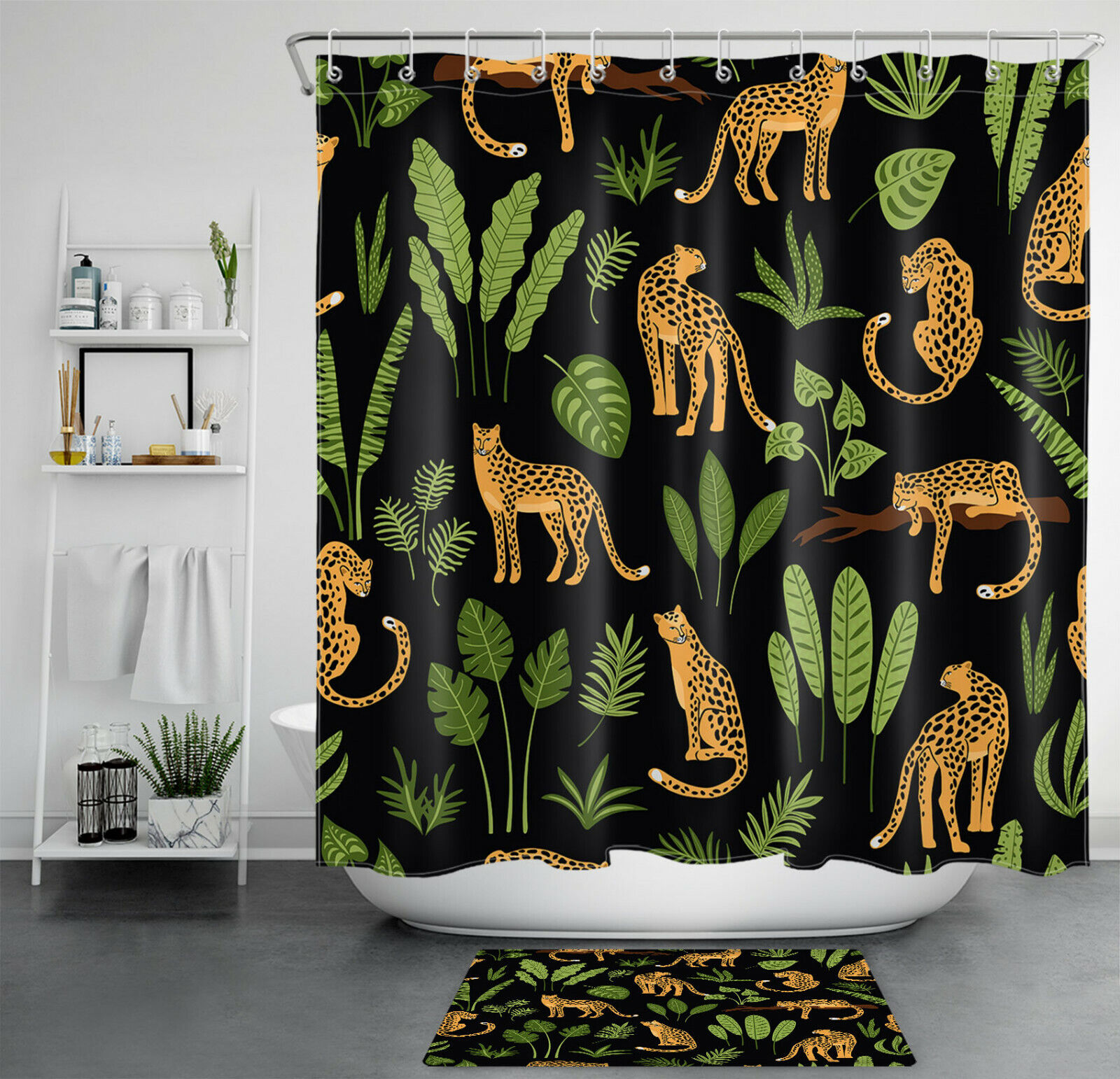 Chic and Fun Monstera Palm Banana Leaf Leopard Shower Curtain for Bathroom Decor