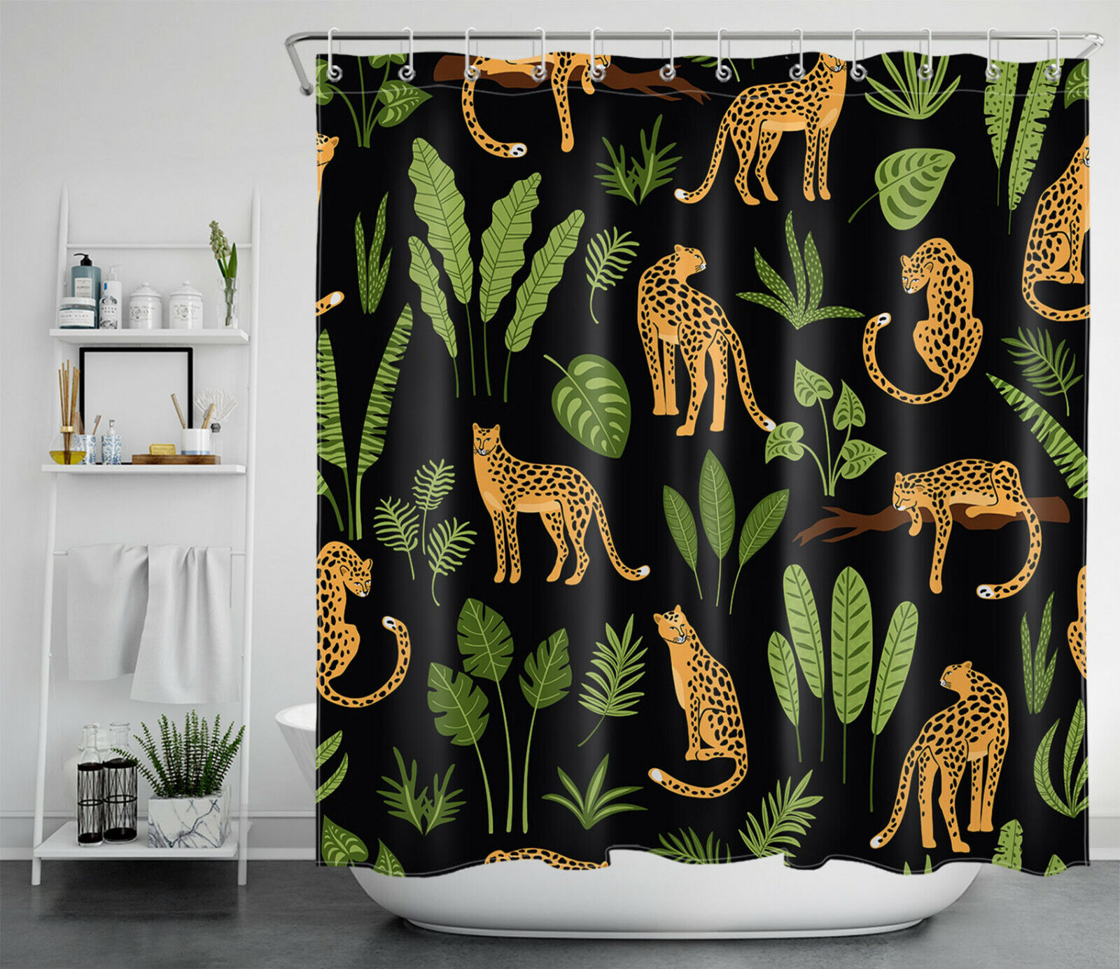 Chic and Fun Monstera Palm Banana Leaf Leopard Shower Curtain for Bathroom Decor