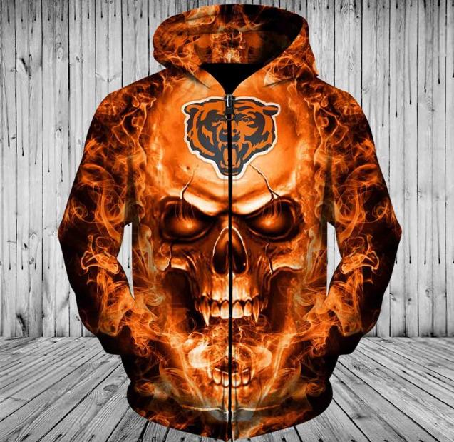 Chicago Bears 3D Skull Zip Up Hoodie - Gifts For Fans