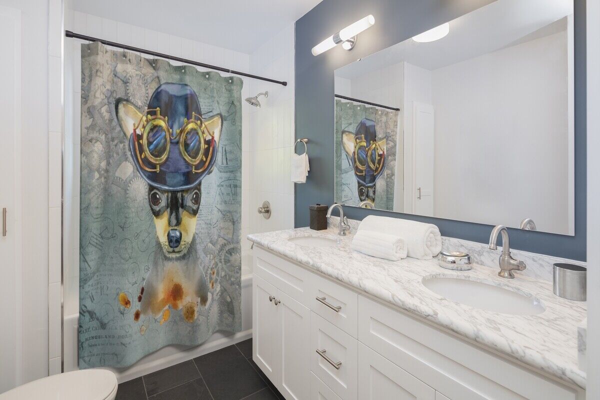 Chihuahua Dog Breed Shower Curtain, Unique Steampunk Theme Bathroom Decor - Image 2