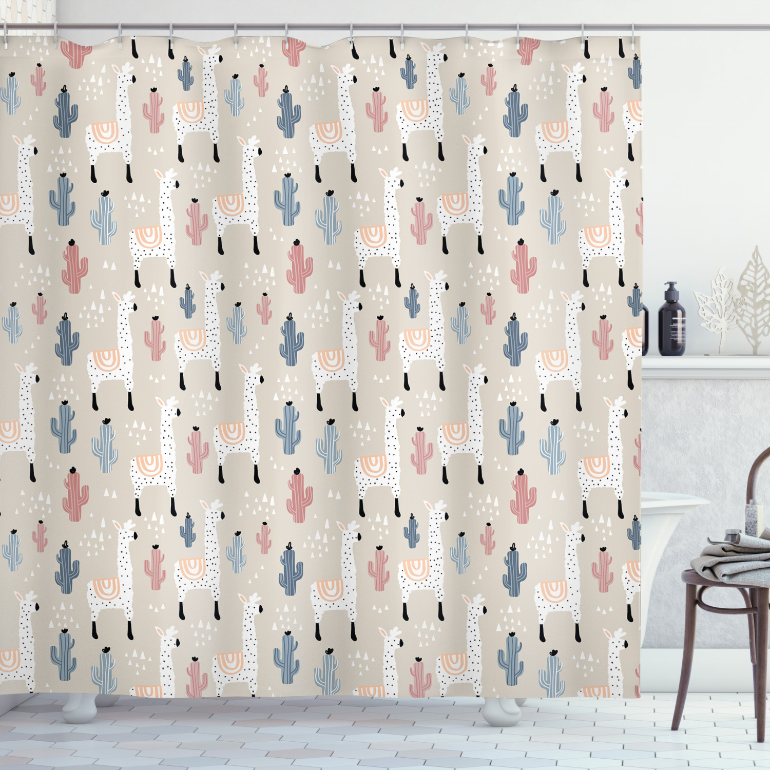 Childish Cactus Llama Shower Curtain - Whimsical Animal Bathroom Curtain with Cute Design