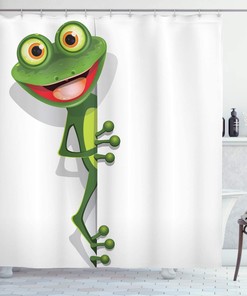 Childish Funny Cartoon Artwork Jolly Frog With Greater Eye Lizard Gecko Shower Curtain - Cloth Fabric Bathroom Decors