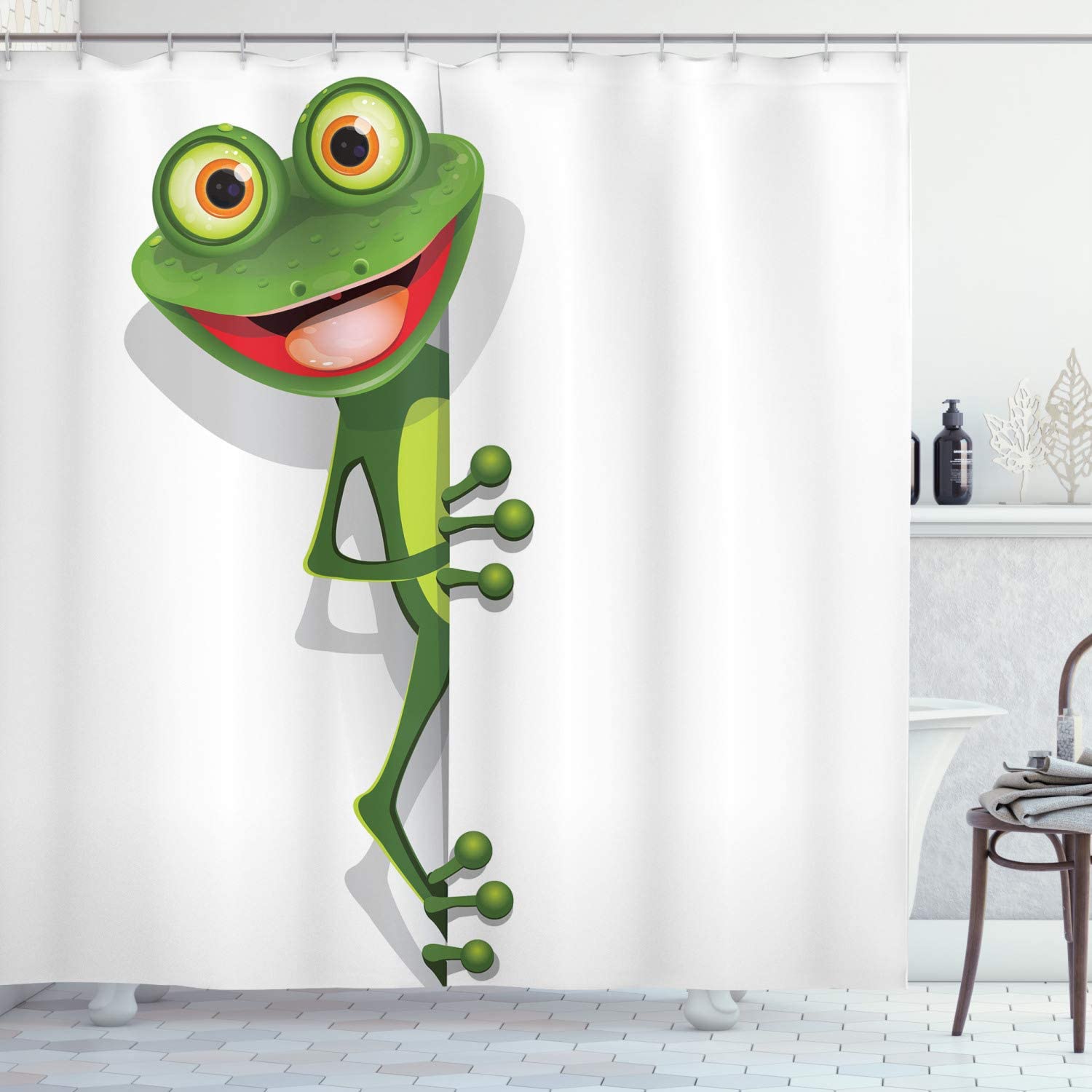 Childish Funny Cartoon Artwork Jolly Frog With Greater Eye Lizard Gecko Shower Curtain - Cloth Fabric Bathroom Decors