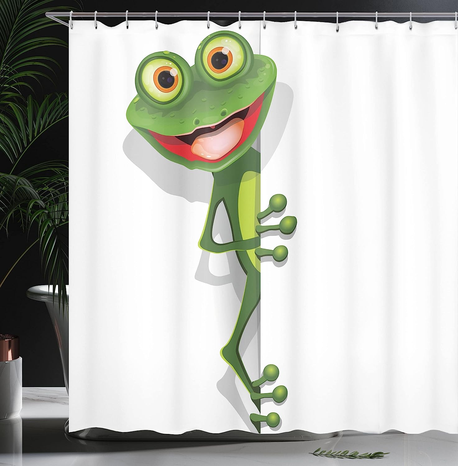 Childish Funny Cartoon Artwork Jolly Frog With Greater Eye Lizard Gecko Shower Curtain - Cloth Fabric Bathroom Decors - Image 3
