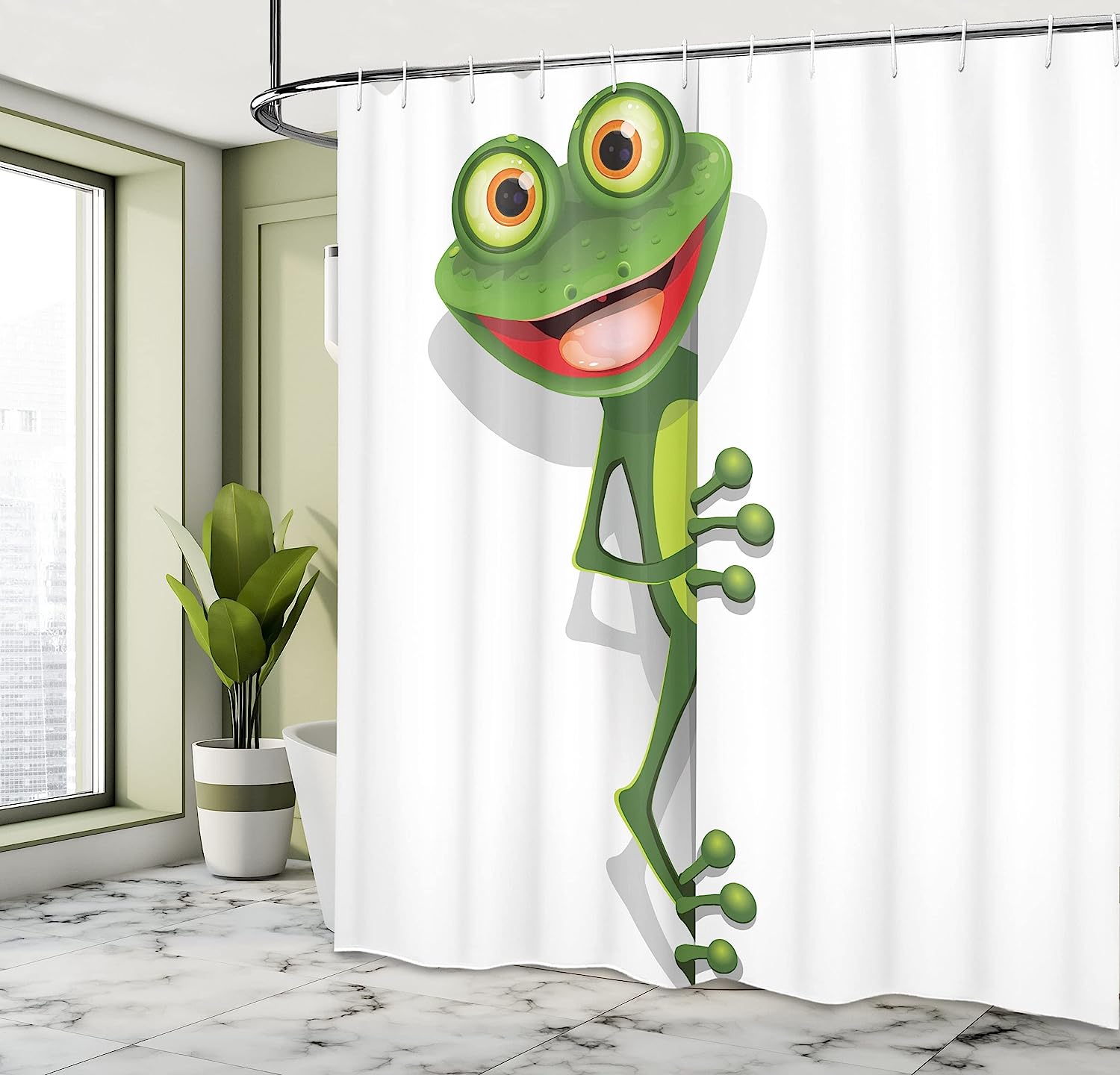 Childish Funny Cartoon Artwork Jolly Frog With Greater Eye Lizard Gecko Shower Curtain - Cloth Fabric Bathroom Decors - Image 4