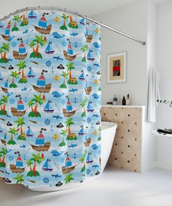 Children Blue Whale Pirate Shower Curtain, Fun Bathroom Decoration