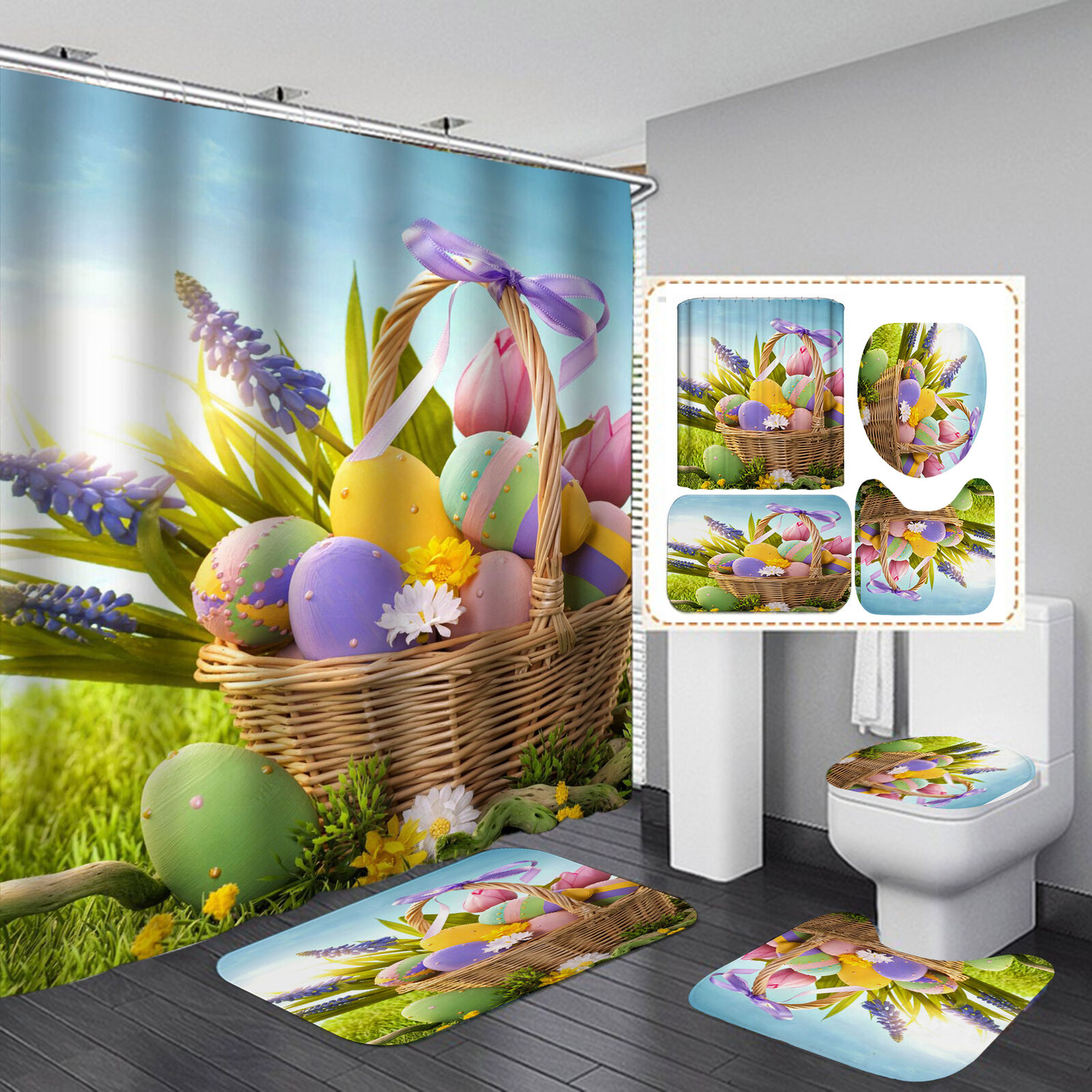 Children Cartoon Easter Eggs Print Waterproof Shower Curtain Cover Waterproof for a Fun and Colorful Bathroom
