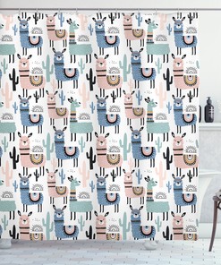 Children Cartoon Llama Shower Curtain - Playful Animal Bathroom Curtain with Fun Print