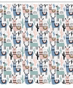 Children Cartoon Llama Shower Curtain - Playful Animal Bathroom Curtain with Fun Print