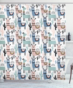 Children Cartoon Llama Shower Curtain - Playful Animal Bathroom Curtain with Fun Print
