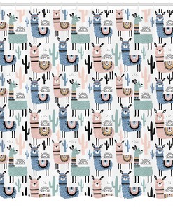 Children Cartoon Llama Shower Curtain - Playful Animal Bathroom Curtain with Fun Print