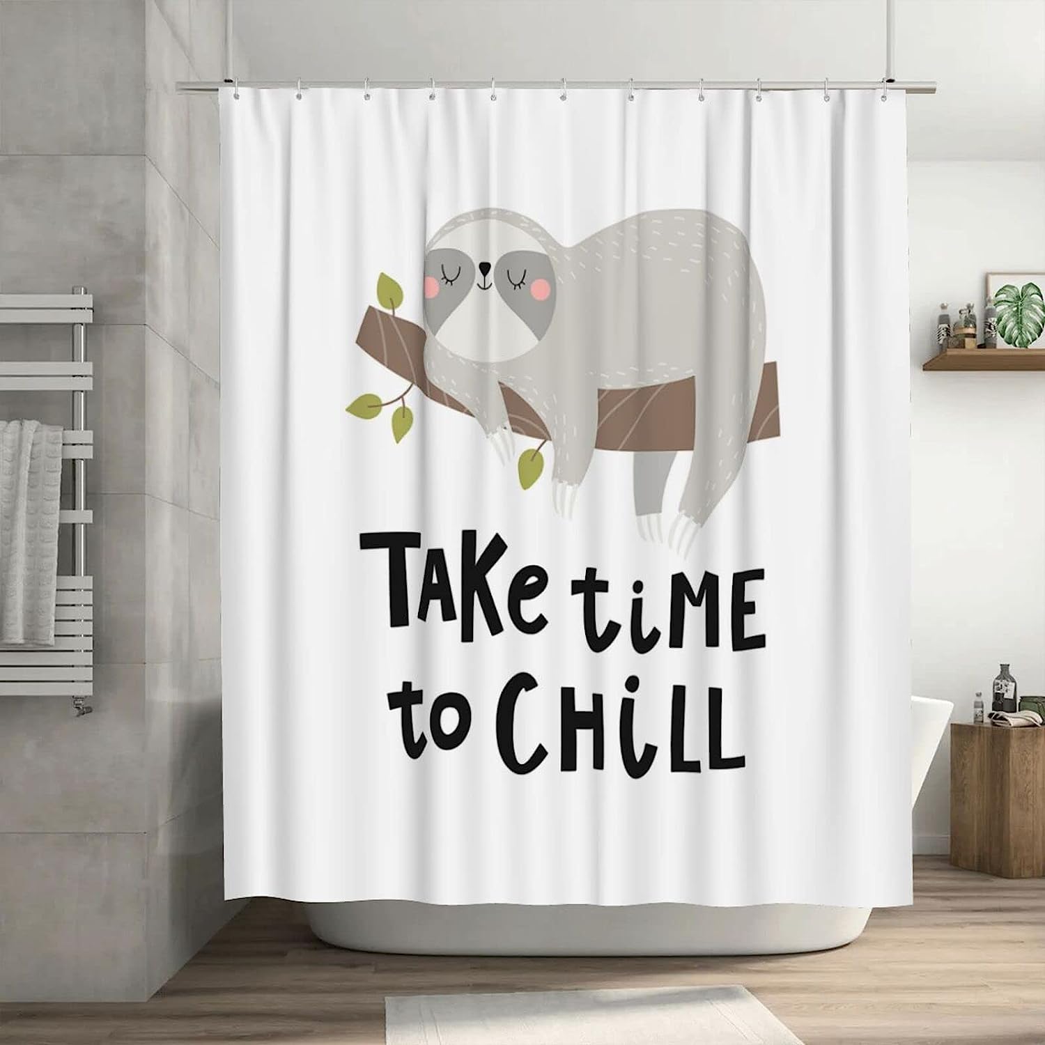 Chill Sloth Shower Curtain, Funny Sleeping Baby Animal, Gray and White Fabric