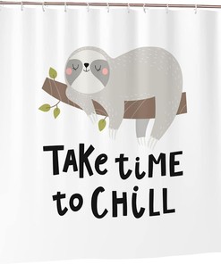 Chill Sloth Shower Curtain, Funny Sleeping Baby Animal, Gray and White Fabric