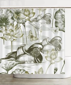Chinese Bird Shower Curtain - Neutral Mandarin Duck Gray Print With Reinforced Buttonholes For A Modern Bathroom Decor