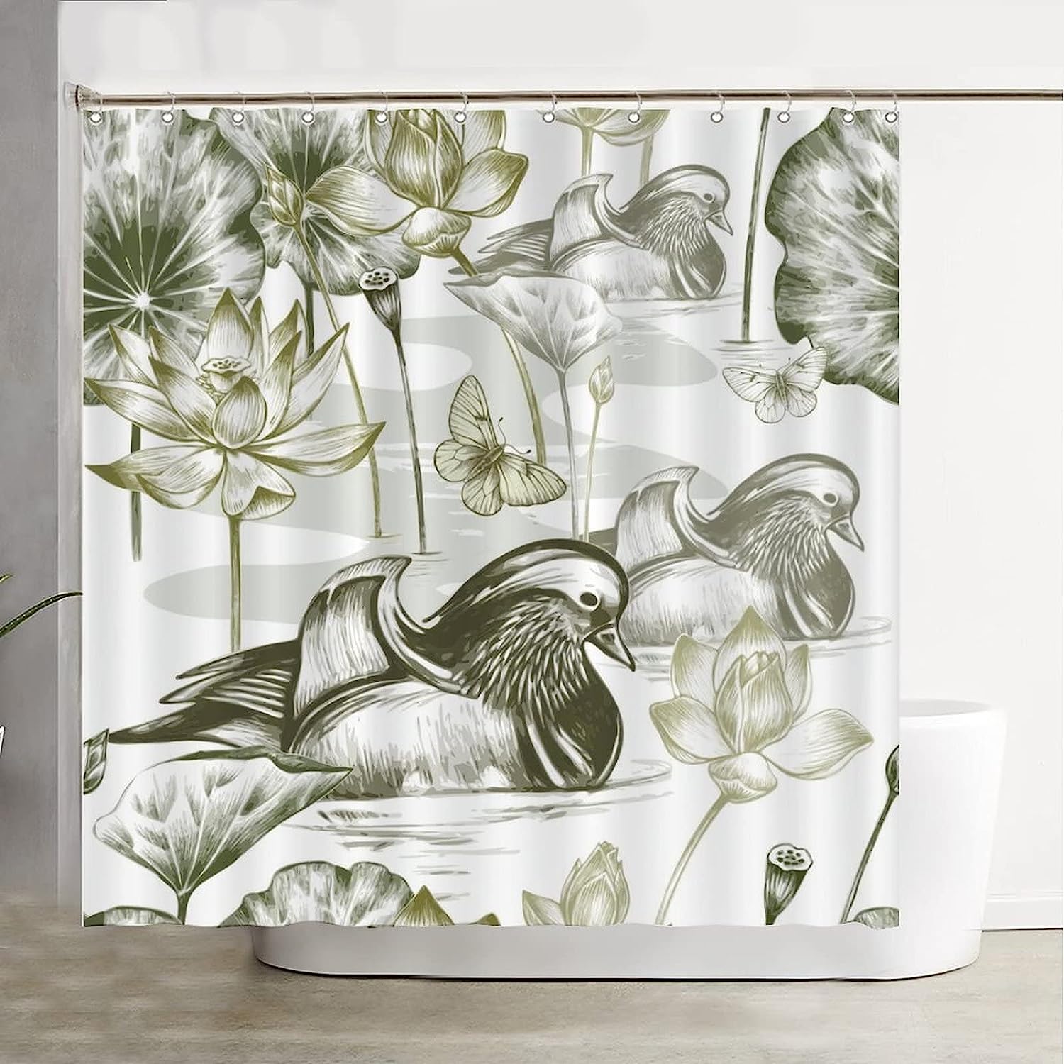 Chinese Bird Shower Curtain - Neutral Mandarin Duck Gray Print With Reinforced Buttonholes For A Modern Bathroom Decor