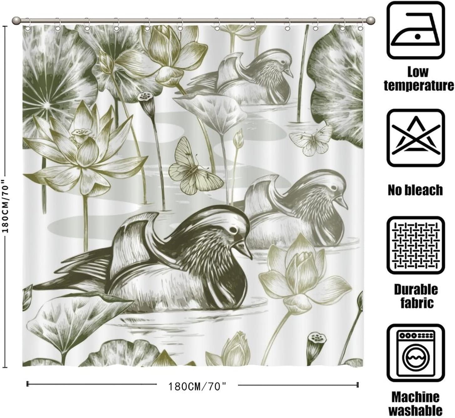 Chinese Bird Shower Curtain - Neutral Mandarin Duck Gray Print With Reinforced Buttonholes For A Modern Bathroom Decor - Image 2