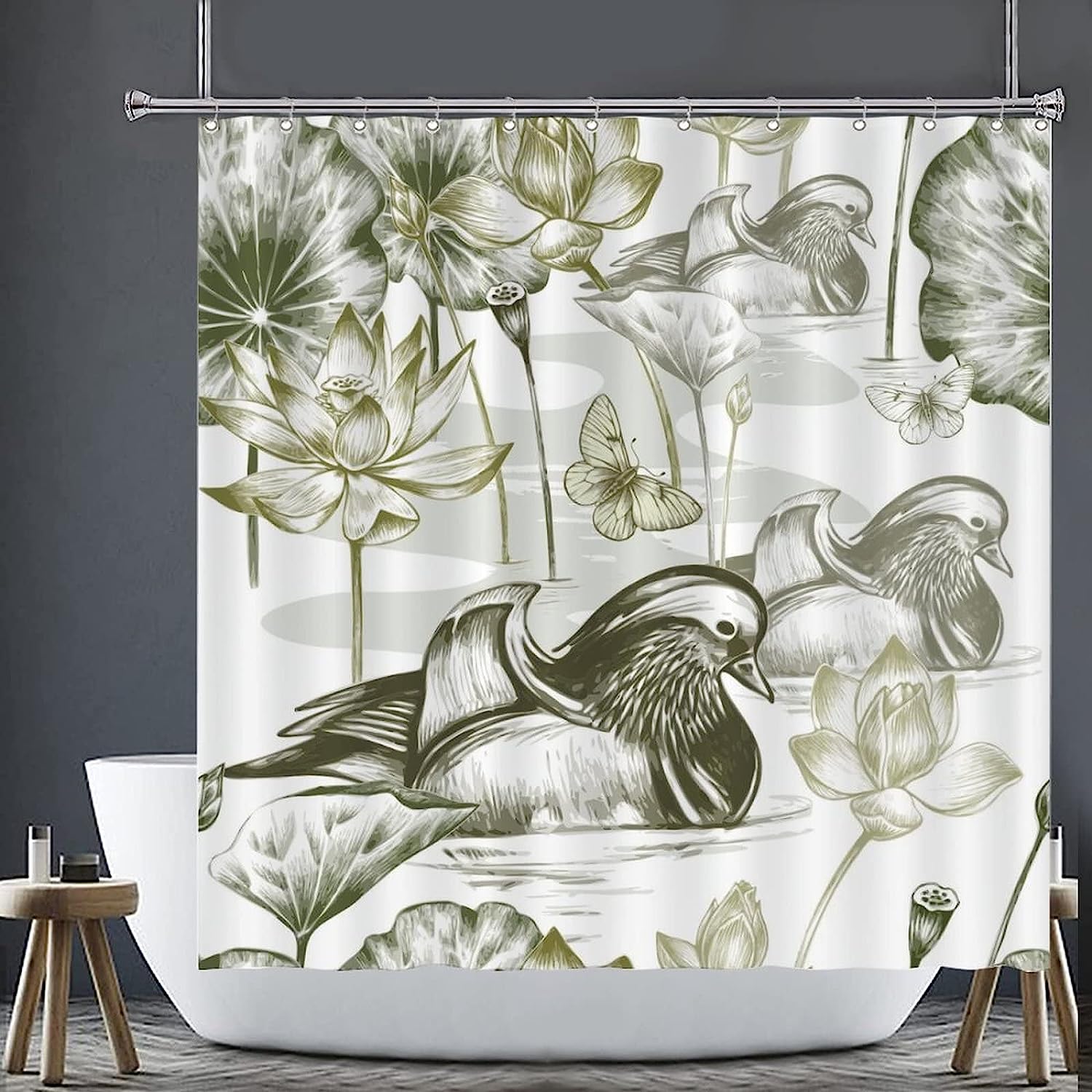 Chinese Bird Shower Curtain - Neutral Mandarin Duck Gray Print With Reinforced Buttonholes For A Modern Bathroom Decor - Image 3