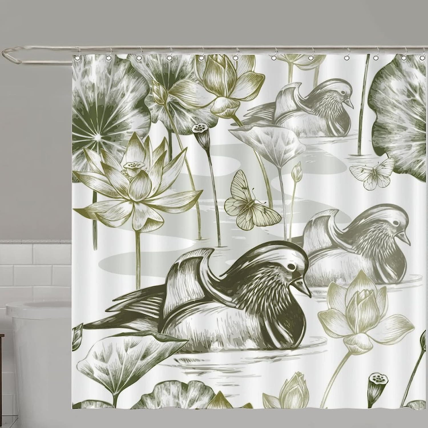 Chinese Bird Shower Curtain - Neutral Mandarin Duck Gray Print With Reinforced Buttonholes For A Modern Bathroom Decor - Image 4