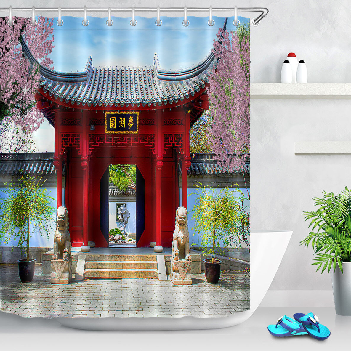 Chinese Botanical Garden Waterproof Fabric Shower Curtain In Vibrant Colors - Image 2