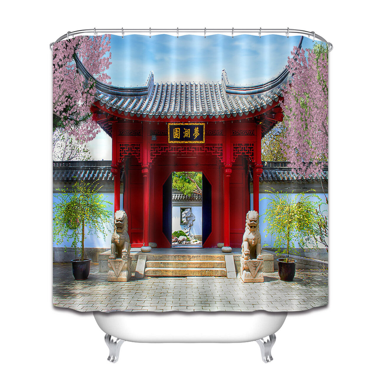Chinese Botanical Garden Waterproof Fabric Shower Curtain In Vibrant Colors - Image 3