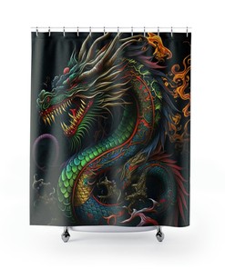 Chinese Dragon Black Green Fire Breathing Men Goth Shower Curtain
