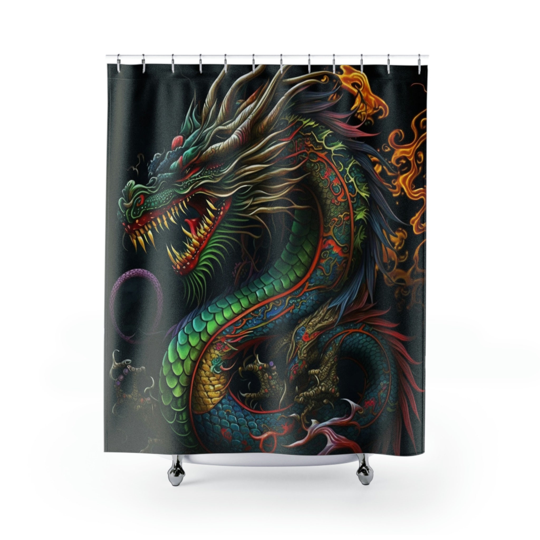 Chinese Dragon Black Green Fire Breathing Men Goth Shower Curtain