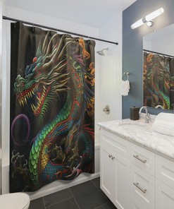 Chinese Dragon Black Green Fire Breathing Men Goth Shower Curtain