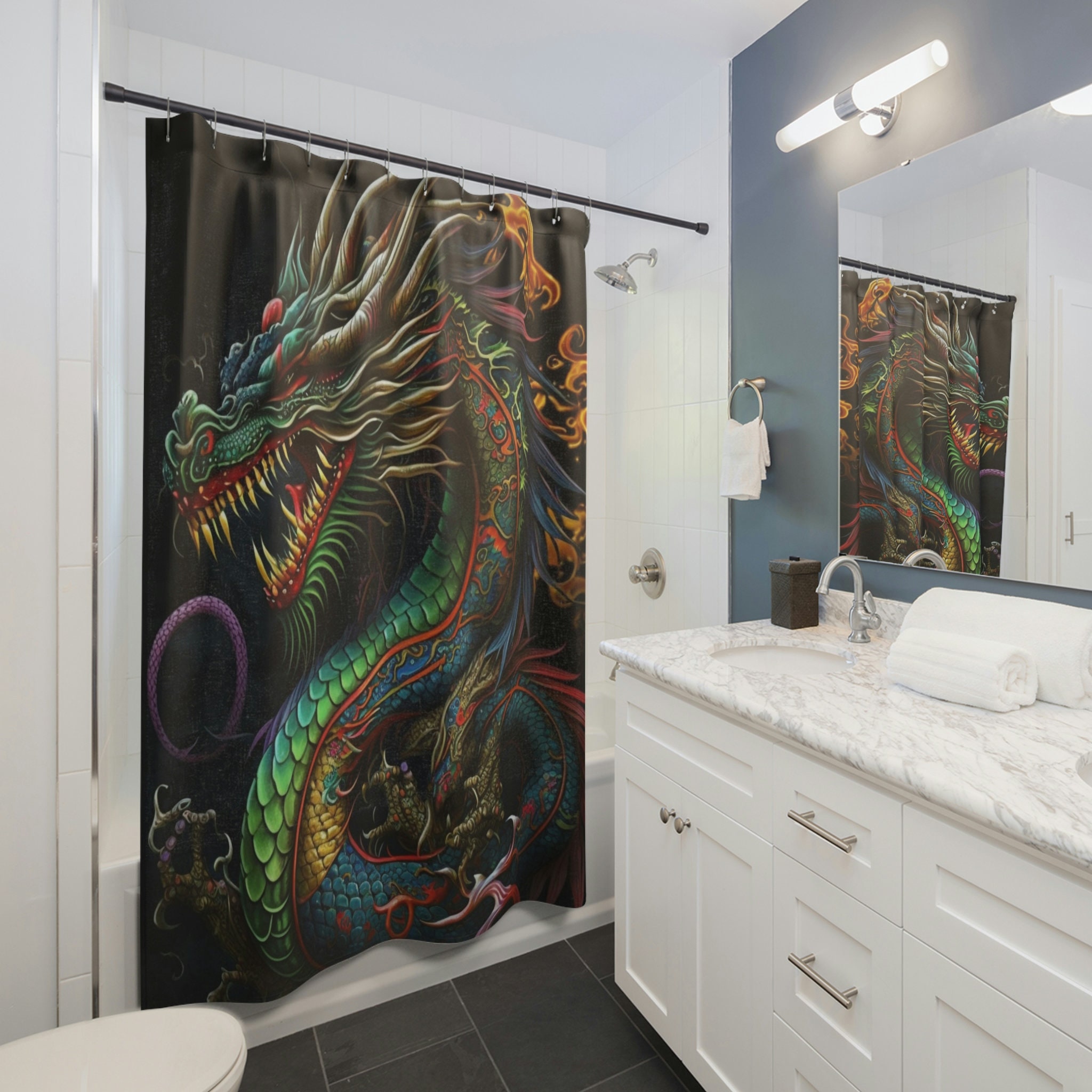 Chinese Dragon Black Green Fire Breathing Men Goth Shower Curtain