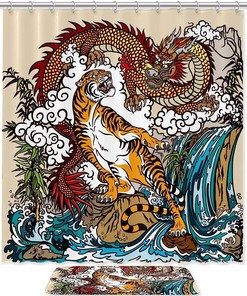 Chinese Dragon Tiger Waterproof Fabric Shower Curtain For Fancy Bathroom Decor