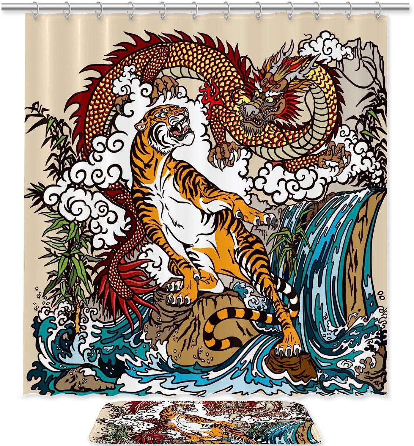 Chinese Dragon Tiger Waterproof Fabric Shower Curtain For Fancy Bathroom Decor