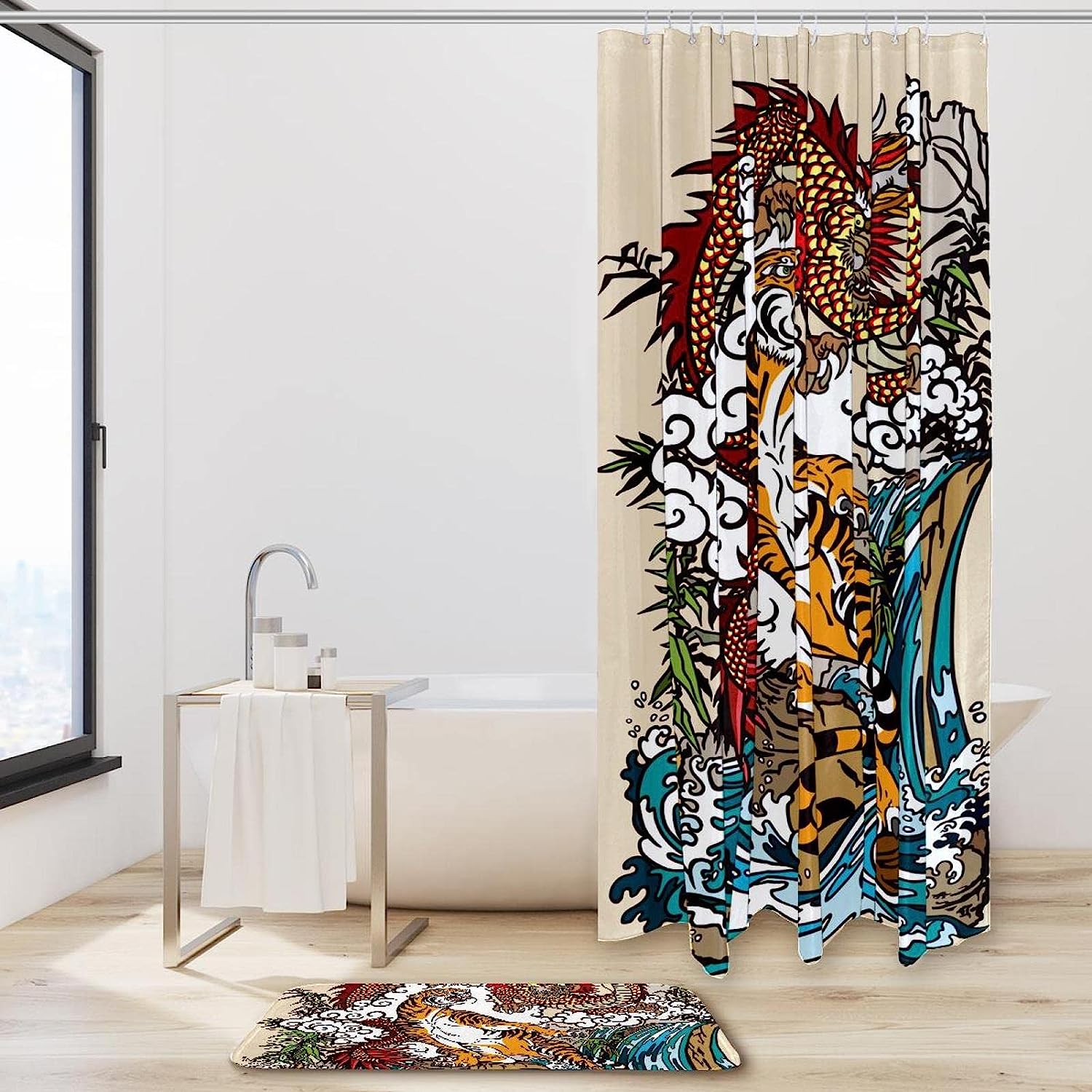 Chinese Dragon Tiger Waterproof Fabric Shower Curtain For Fancy Bathroom Decor - Image 2