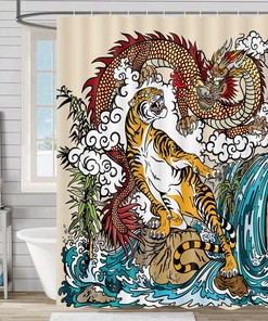 Chinese Dragon and Tiger Shower Curtain, Asian Landscape Bathroom Decor 